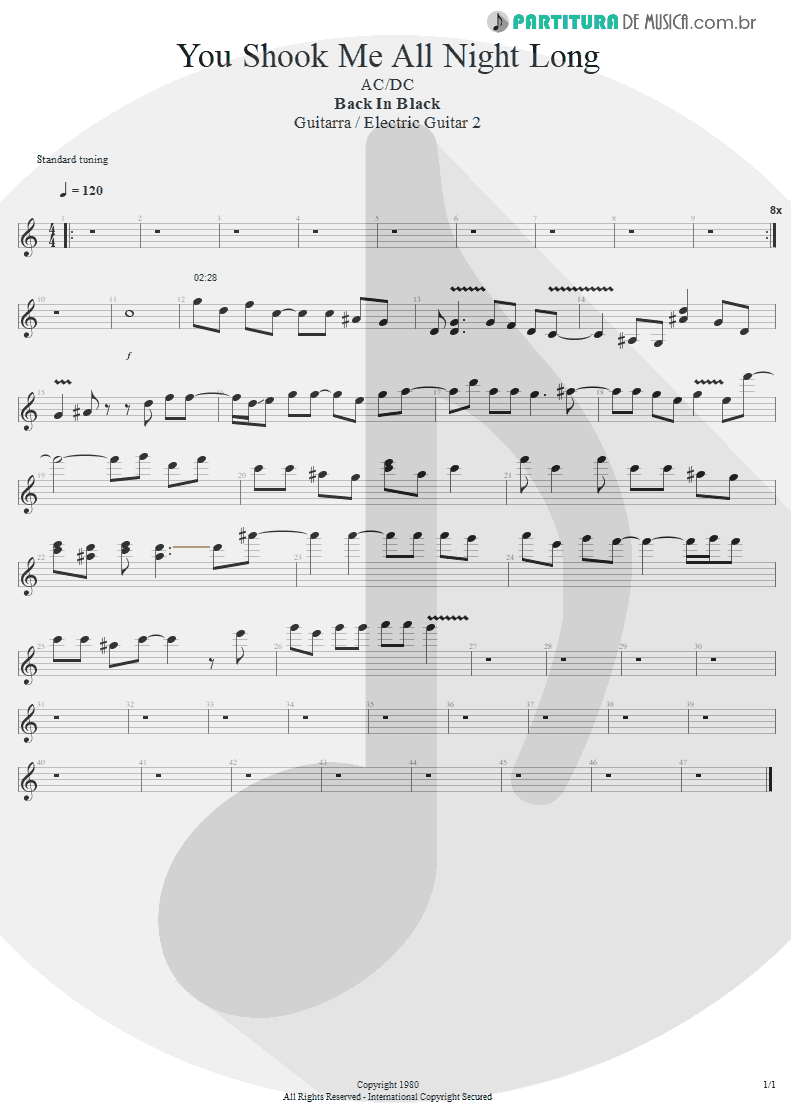 Partitura de musica de Guitarra Elétrica - You Shook Me All Night Long | AC/DC | Back In Black 1980 - pag 1