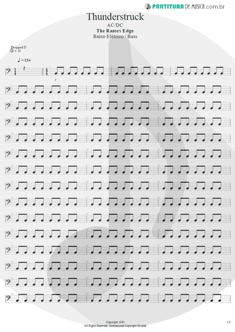 Partitura de musica de Baixo Elétrico - Thunderstruck | AC/DC | The Razors Edge 1990 - pag 1