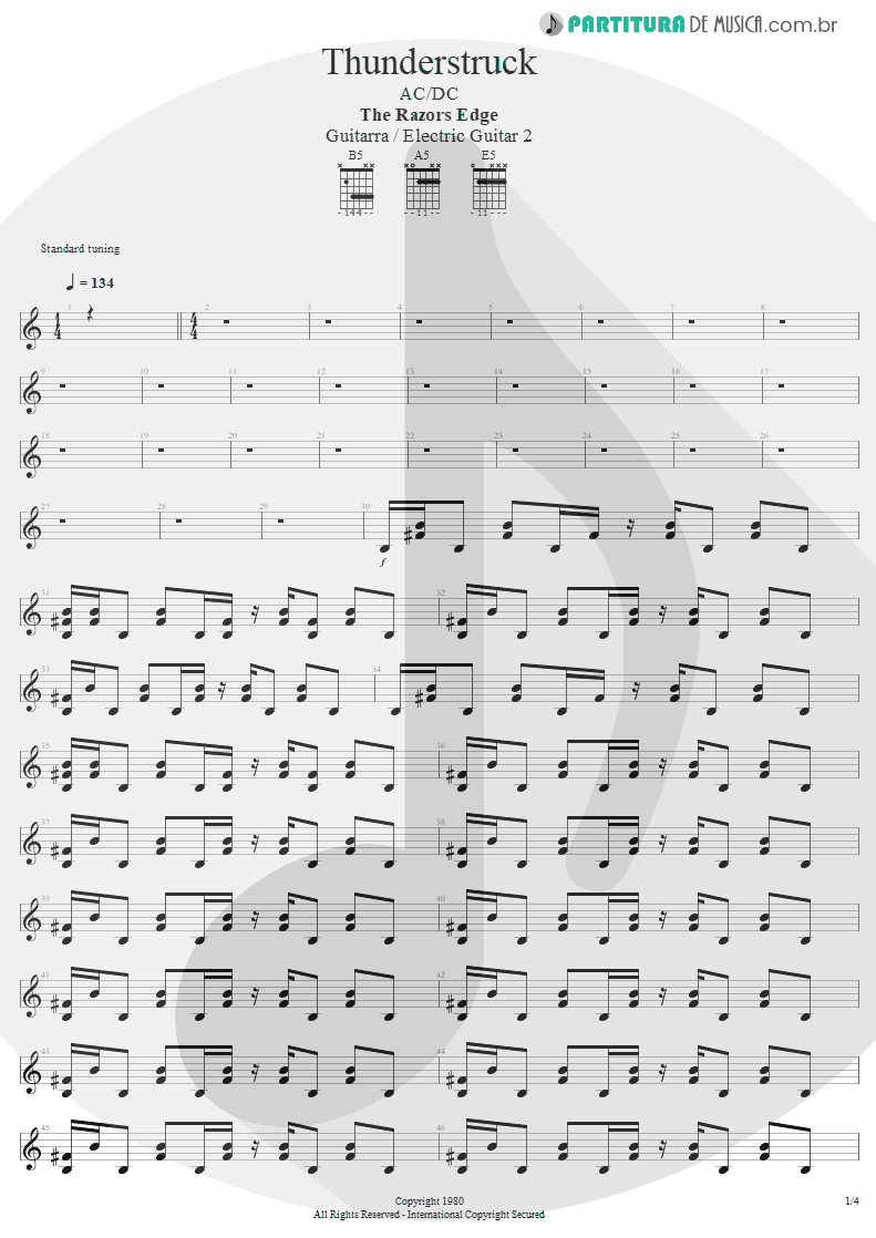 Partitura de musica de Guitarra Elétrica - Thunderstruck | AC/DC | The Razors Edge 1990 - pag 1