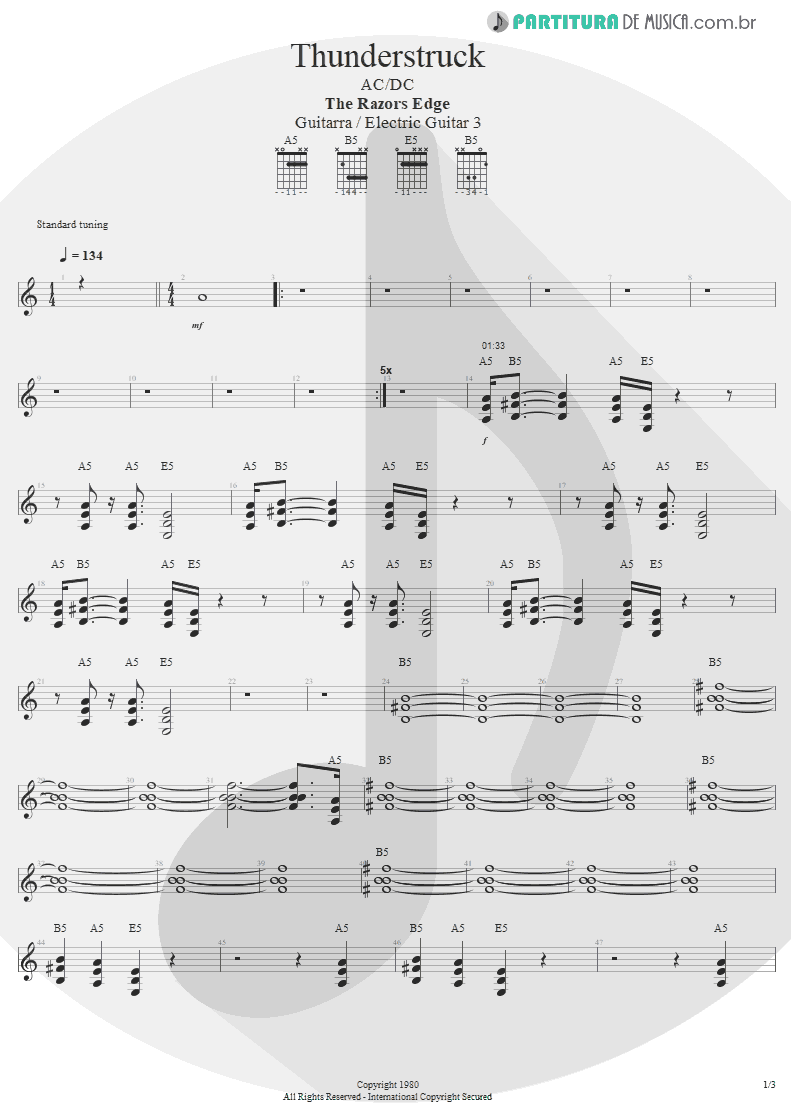 Partitura de musica de Guitarra Elétrica - Thunderstruck | AC/DC | The Razors Edge 1990 - pag 1