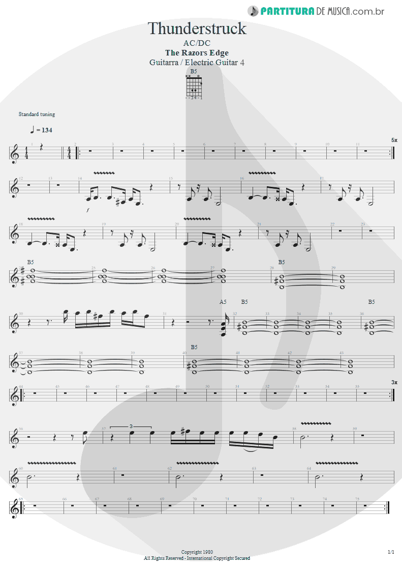 Partitura de musica de Guitarra Elétrica - Thunderstruck | AC/DC | The Razors Edge 1990 - pag 1