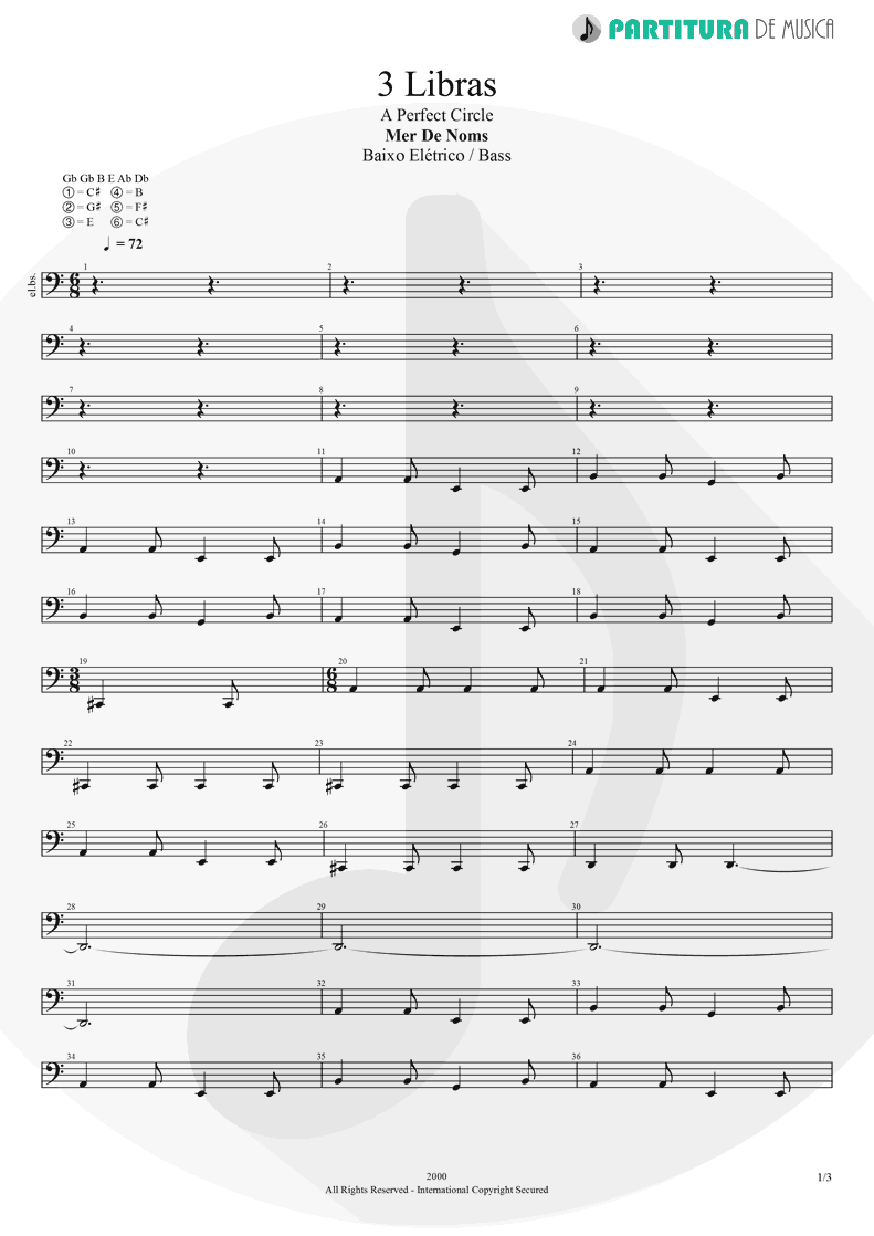 Partitura de musica de Baixo Elétrico - 3 Libras | A Perfect Circle | Mer de Noms 2000 - pag 1