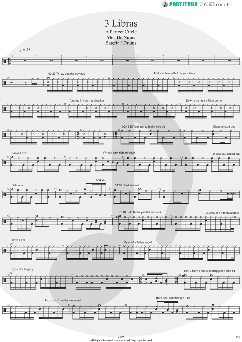 Partitura de musica de Bateria - 3 Libras | A Perfect Circle | Mer de Noms 2000 - pag 1