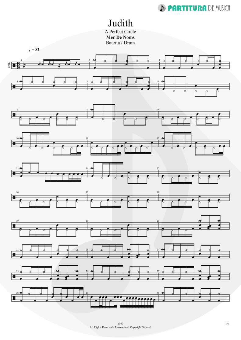 Partitura de musica de Bateria - Judith | A Perfect Circle | Mer de Noms 2000 - pag 1