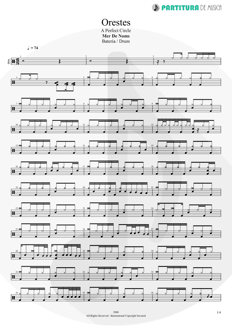 Partitura de musica de Bateria - Orestes | A Perfect Circle | Mer de Noms 2000 - pag 1