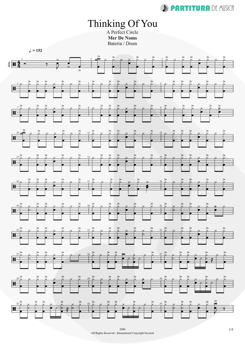 Partitura de musica de Bateria - Thinking Of You | A Perfect Circle | Mer de Noms 2000 - pag 1