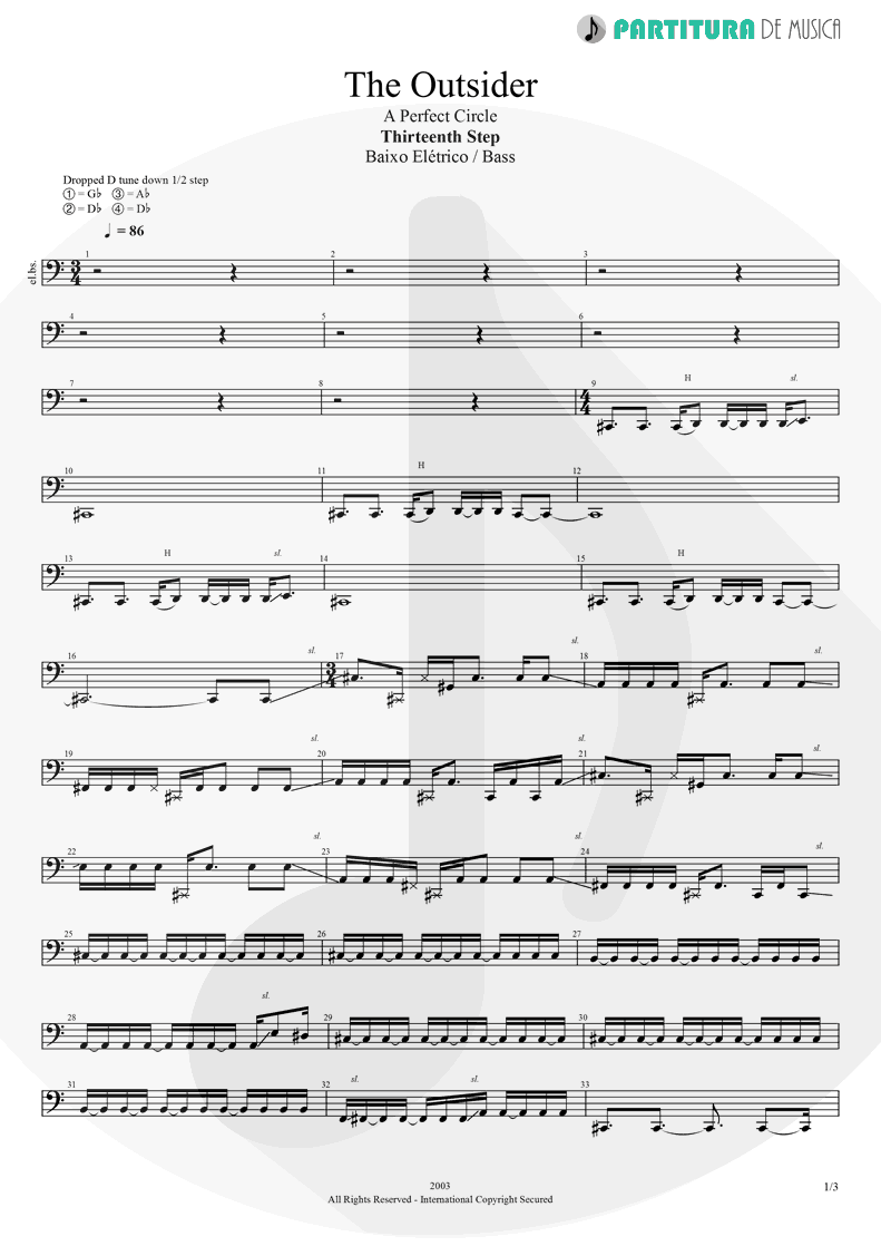 Partitura de musica de Baixo Elétrico - The Outsider | A Perfect Circle | Thirteenth Step 2003 - pag 1