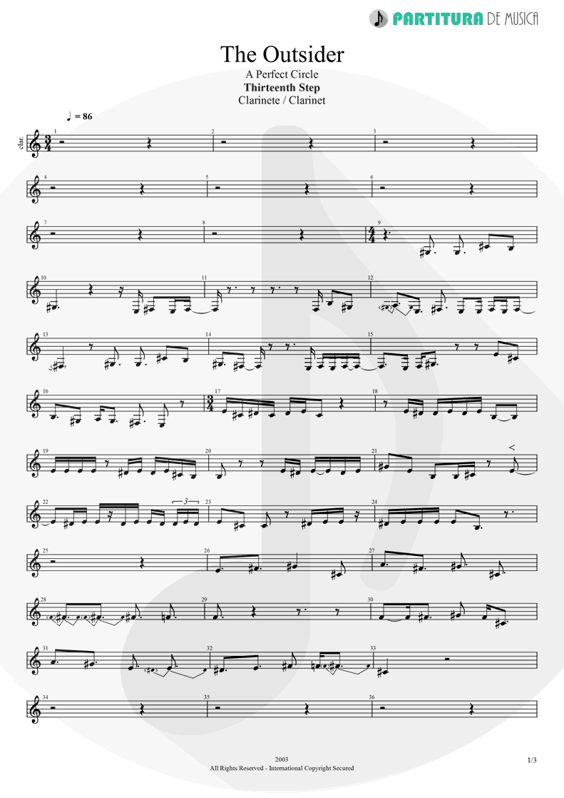 Partitura de musica de Clarinete - The Outsider | A Perfect Circle | Thirteenth Step 2003 - pag 1