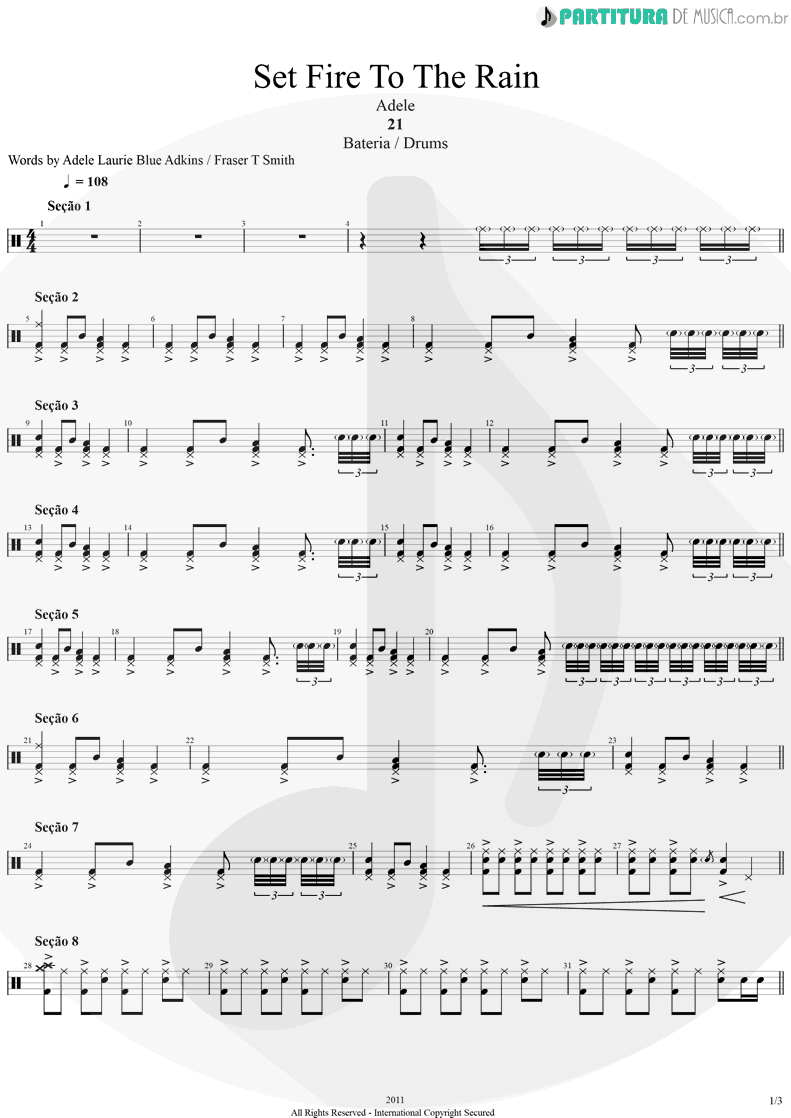 Partitura de musica de Bateria - Set Fire To The Rain | Adele | 21 2011 - pag 1