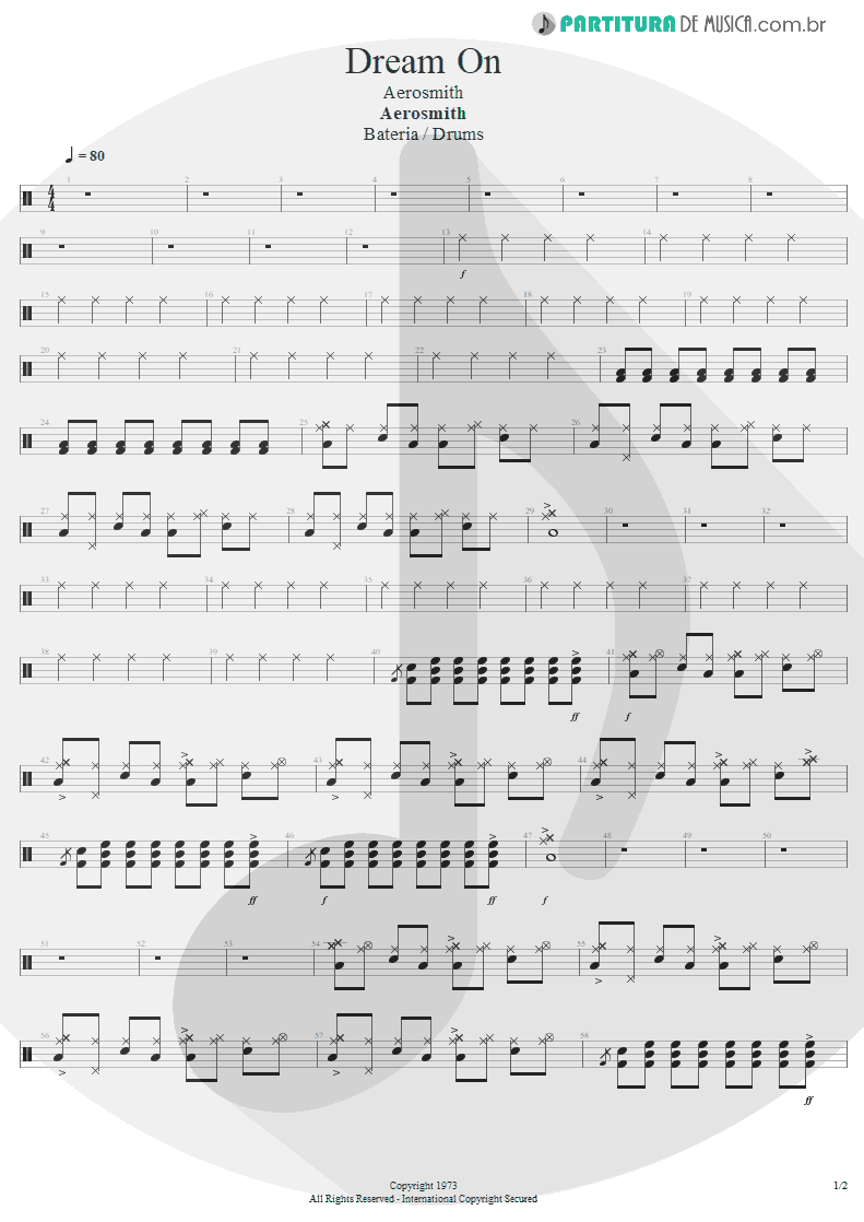 Partitura de musica de Bateria - Dream On | Aerosmith | Aerosmith 1973 - pag 1