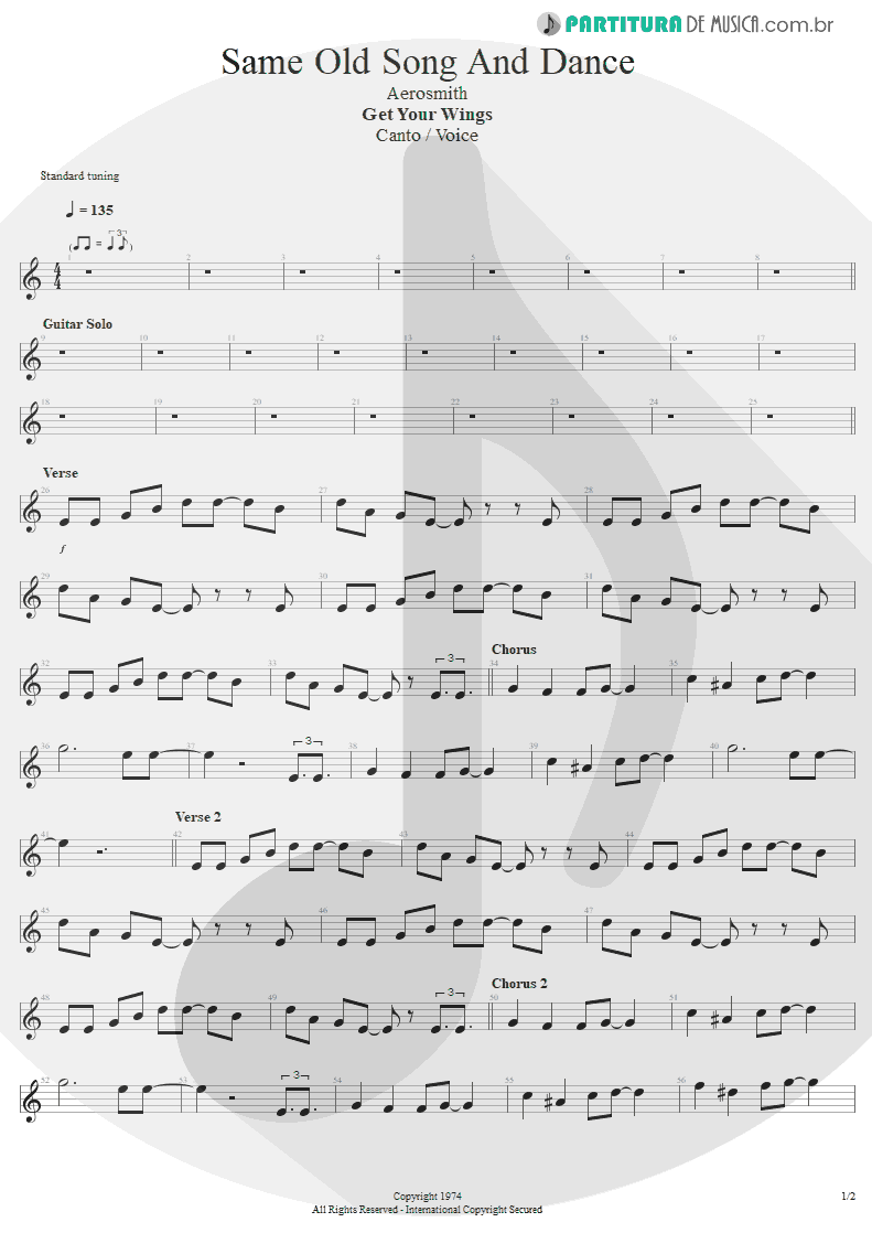 Partitura de musica de Canto - Same Old Song And Dance | Aerosmith | Get Your Wings 1974 - pag 1