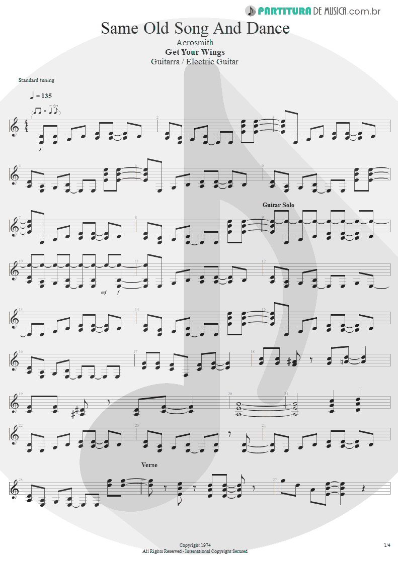 Partitura de musica de Guitarra Elétrica - Same Old Song And Dance | Aerosmith | Get Your Wings 1974 - pag 1