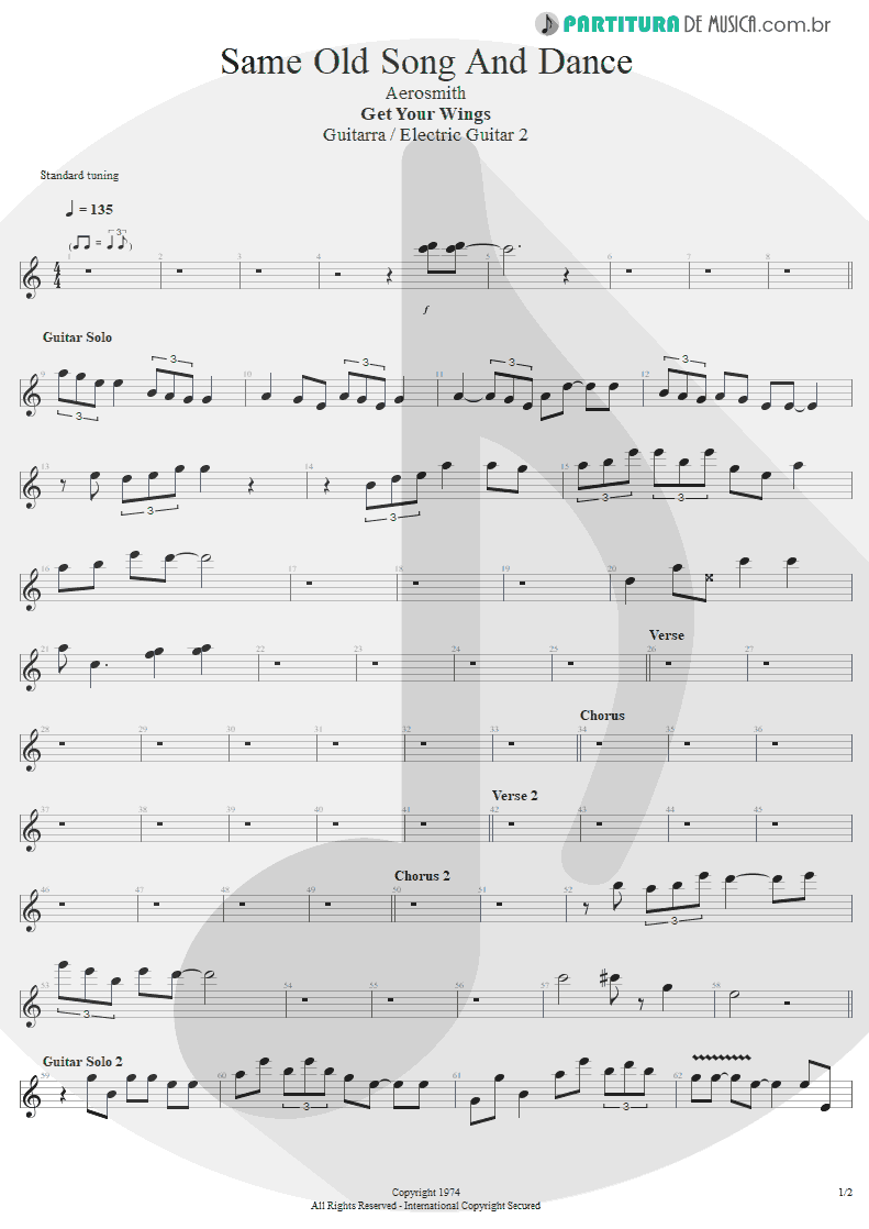 Partitura de musica de Guitarra Elétrica - Same Old Song And Dance | Aerosmith | Get Your Wings 1974 - pag 1