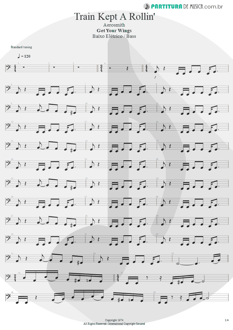 Partitura de musica de Baixo Elétrico - Train Kept A Rollin' | Aerosmith | Get Your Wings 1974 - pag 1