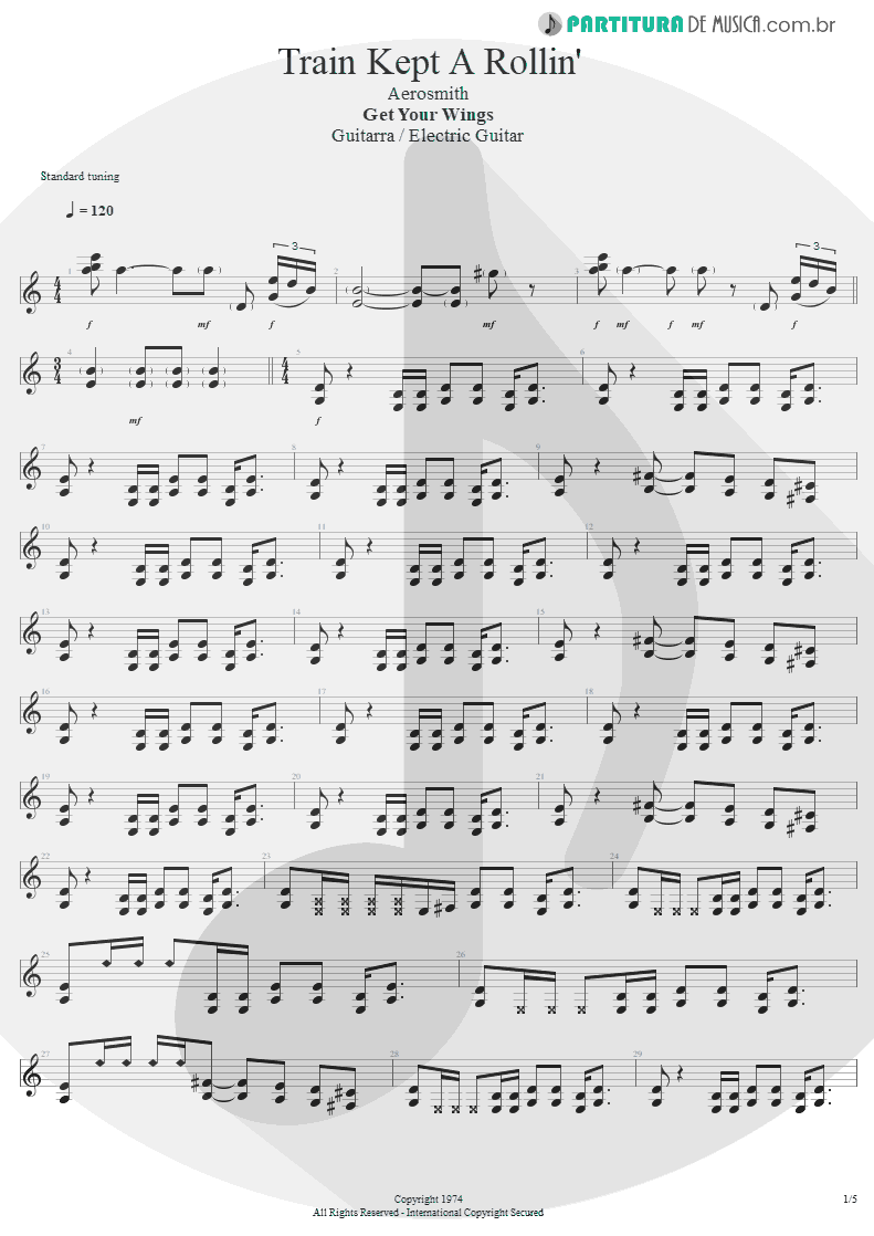 Partitura de musica de Guitarra Elétrica - Train Kept A Rollin' | Aerosmith | Get Your Wings 1974 - pag 1