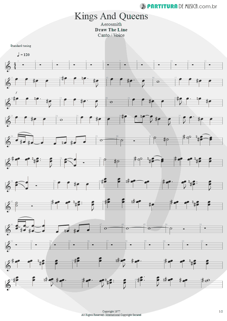 Partitura de musica de Canto - Kings and Queens | Aerosmith | Draw the Line 1977 - pag 1