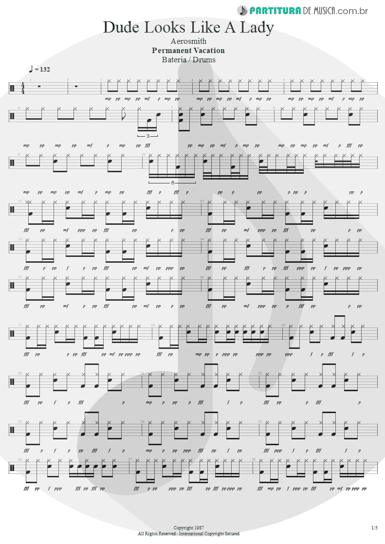 Partitura de musica de Bateria - Dude Looks Like A Lady | Aerosmith | Permanent Vacation 1987 - pag 1