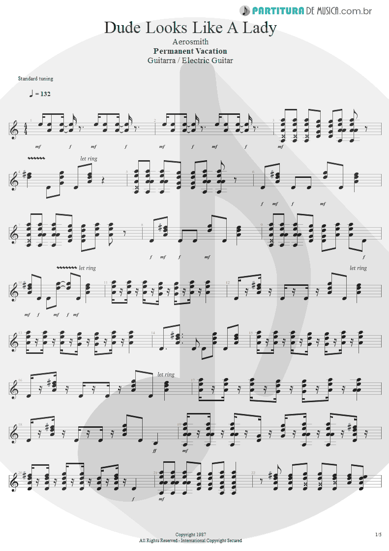 Partitura de musica de Guitarra Elétrica - Dude Looks Like A Lady | Aerosmith | Permanent Vacation 1987 - pag 1