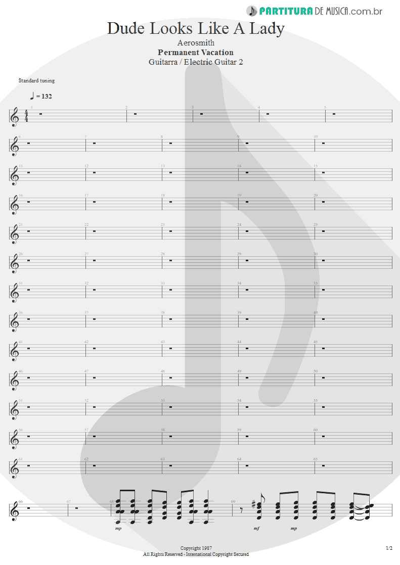 Partitura de musica de Guitarra Elétrica - Dude Looks Like A Lady | Aerosmith | Permanent Vacation 1987 - pag 1