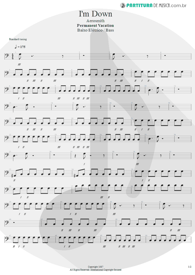 Partitura de musica de Baixo Elétrico - I'm Down | Aerosmith | Permanent Vacation 1987 - pag 1