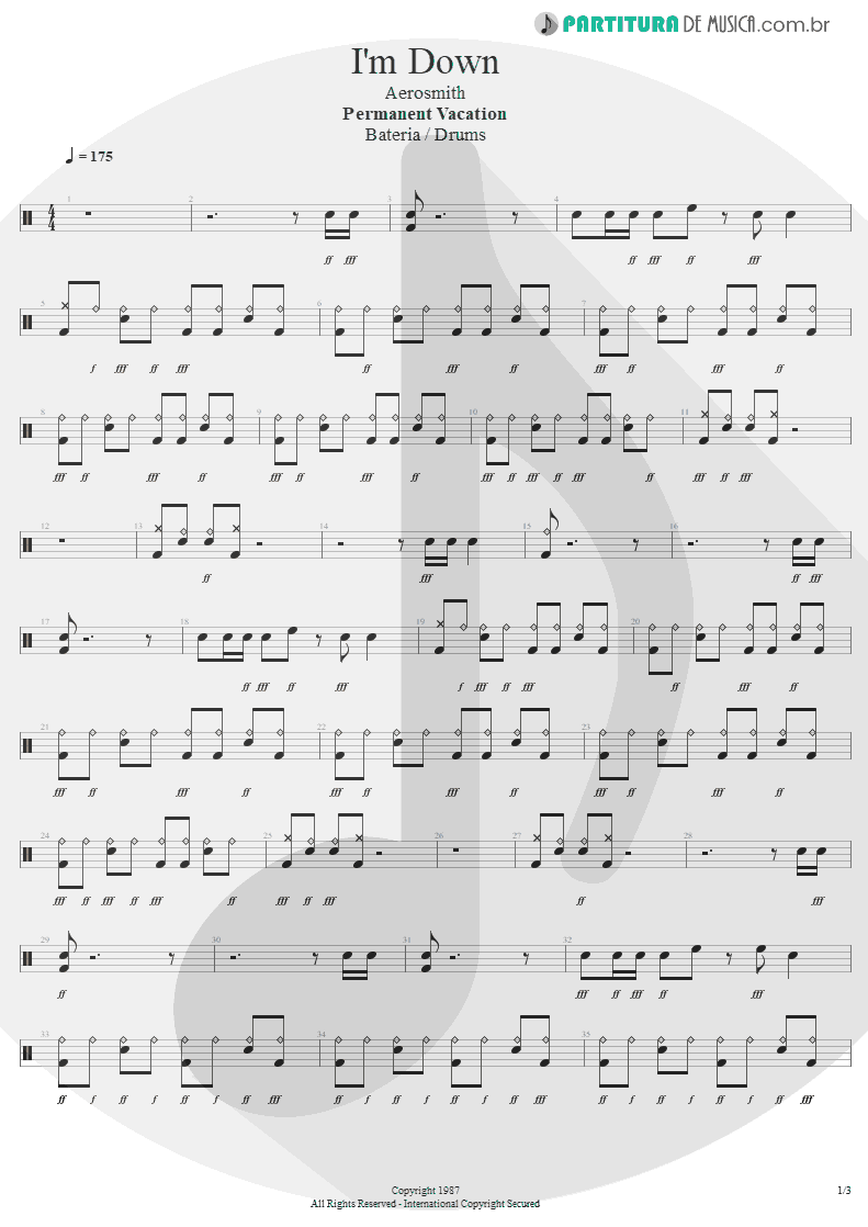 Partitura de musica de Bateria - I'm Down | Aerosmith | Permanent Vacation 1987 - pag 1