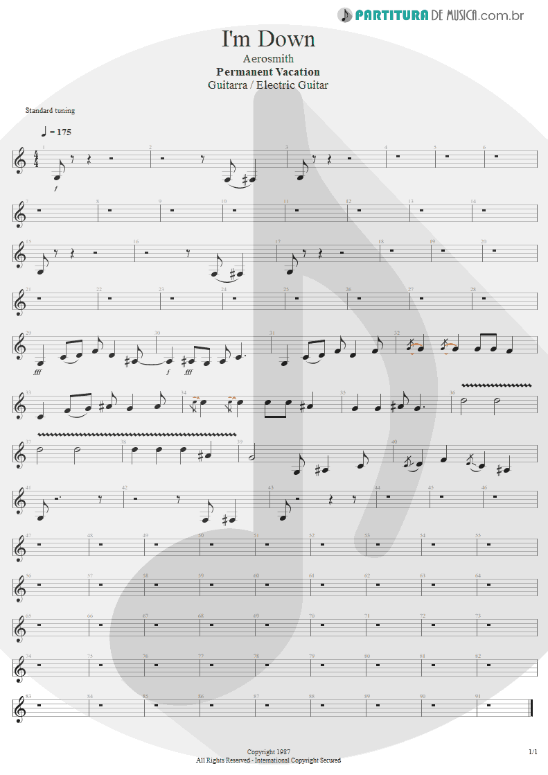 Partitura de musica de Guitarra Elétrica - I'm Down | Aerosmith | Permanent Vacation 1987 - pag 1