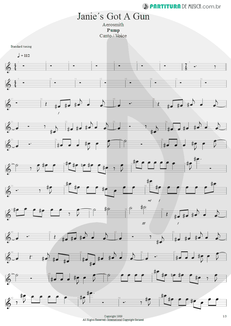 Partitura de musica de Canto - Water Song - Janie's Got A Gun | Aerosmith | Pump 1989 - pag 1