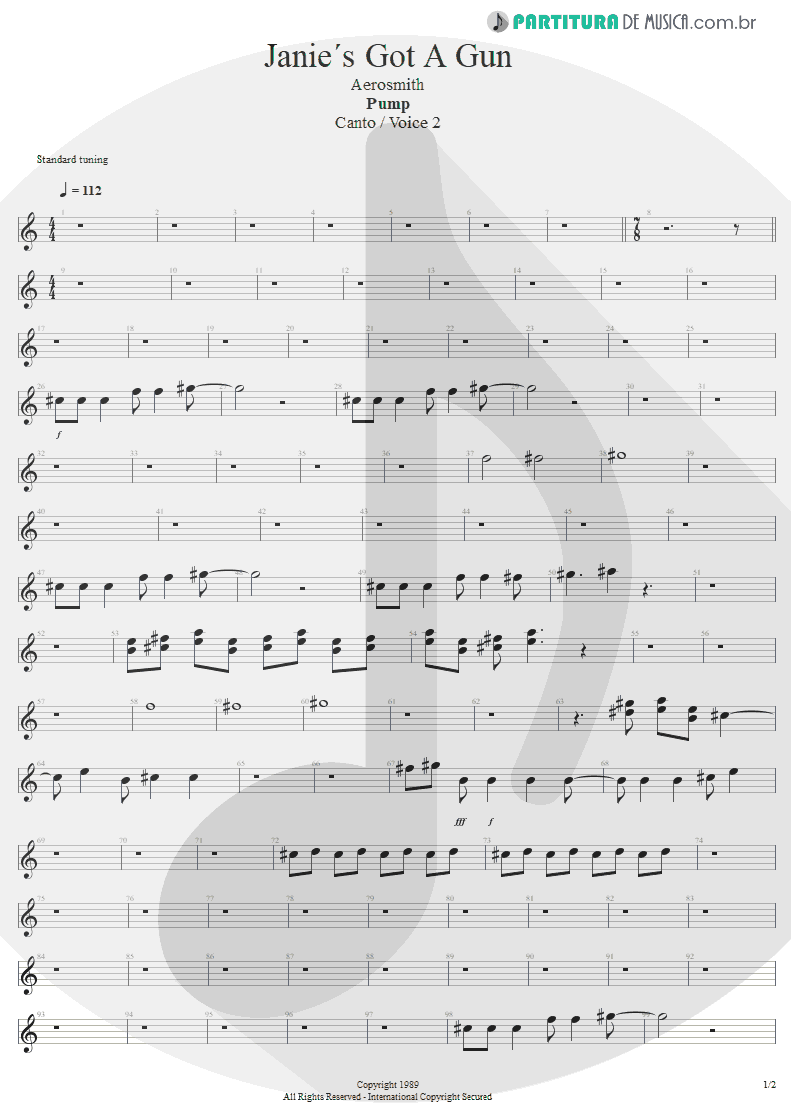 Partitura de musica de Canto - Water Song - Janie's Got A Gun | Aerosmith | Pump 1989 - pag 1