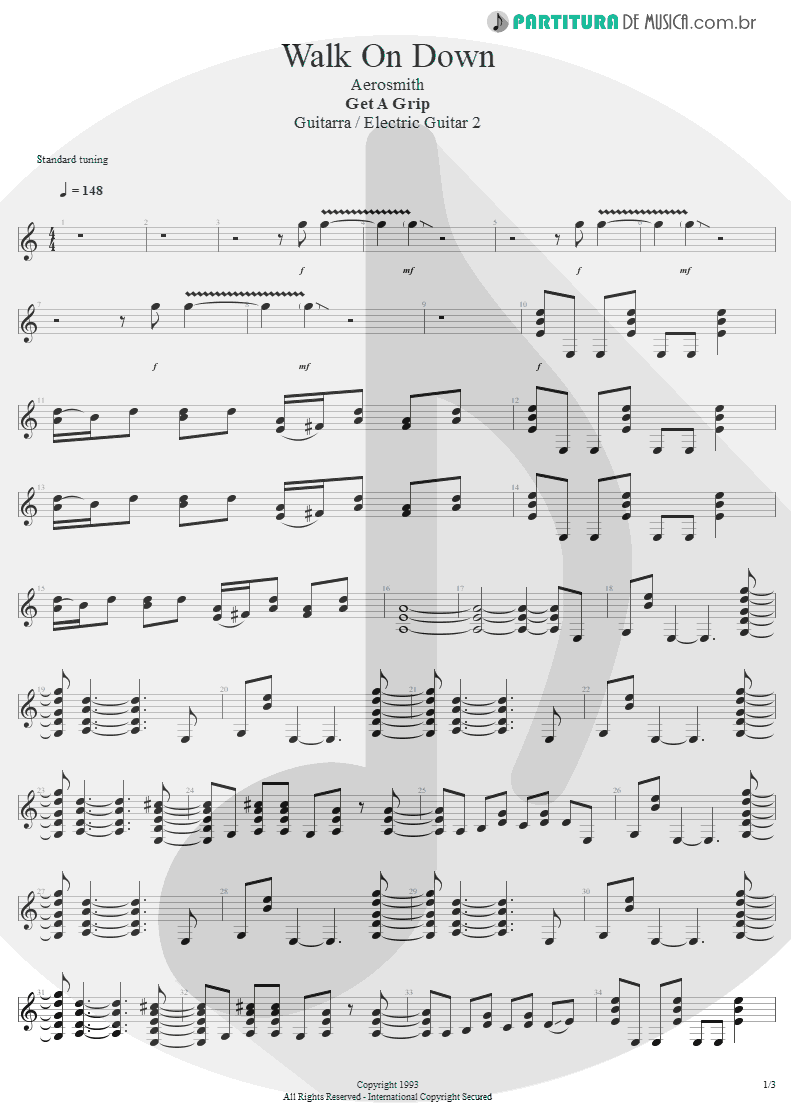 Partitura de musica de Guitarra Elétrica - Walk On Down | Aerosmith | Get A Grip 1993 - pag 1