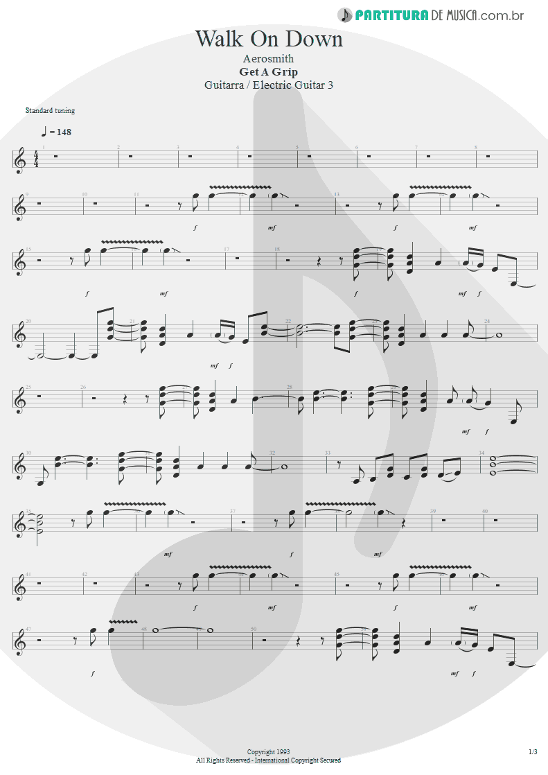 Partitura de musica de Guitarra Elétrica - Walk On Down | Aerosmith | Get A Grip 1993 - pag 1