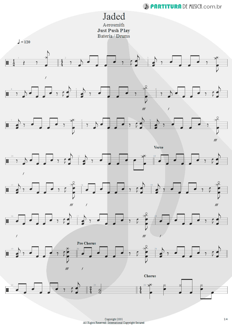 Partitura de musica de Bateria - Jaded | Aerosmith | Just Push Play 2001 - pag 1