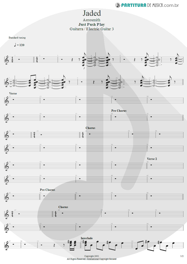 Partitura de musica de Guitarra Elétrica - Jaded | Aerosmith | Just Push Play 2001 - pag 1