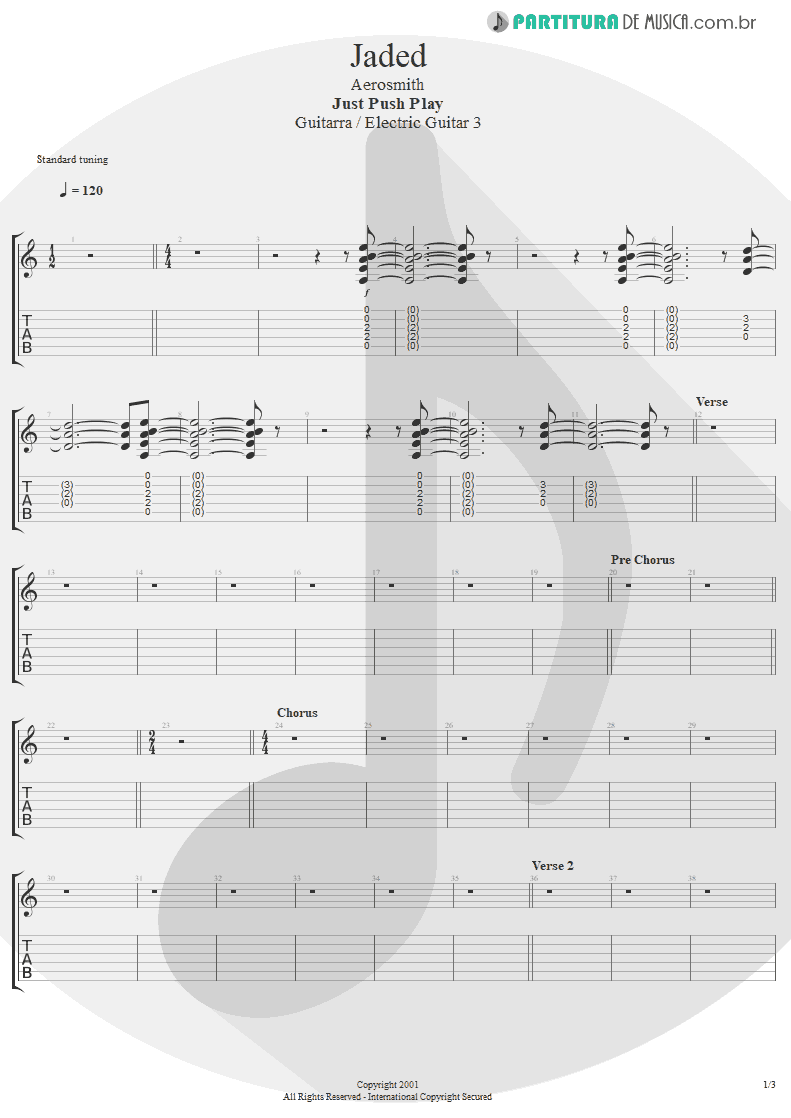 Tablatura + Partitura de musica de Guitarra Elétrica - Jaded | Aerosmith | Just Push Play 2001 - pag 1