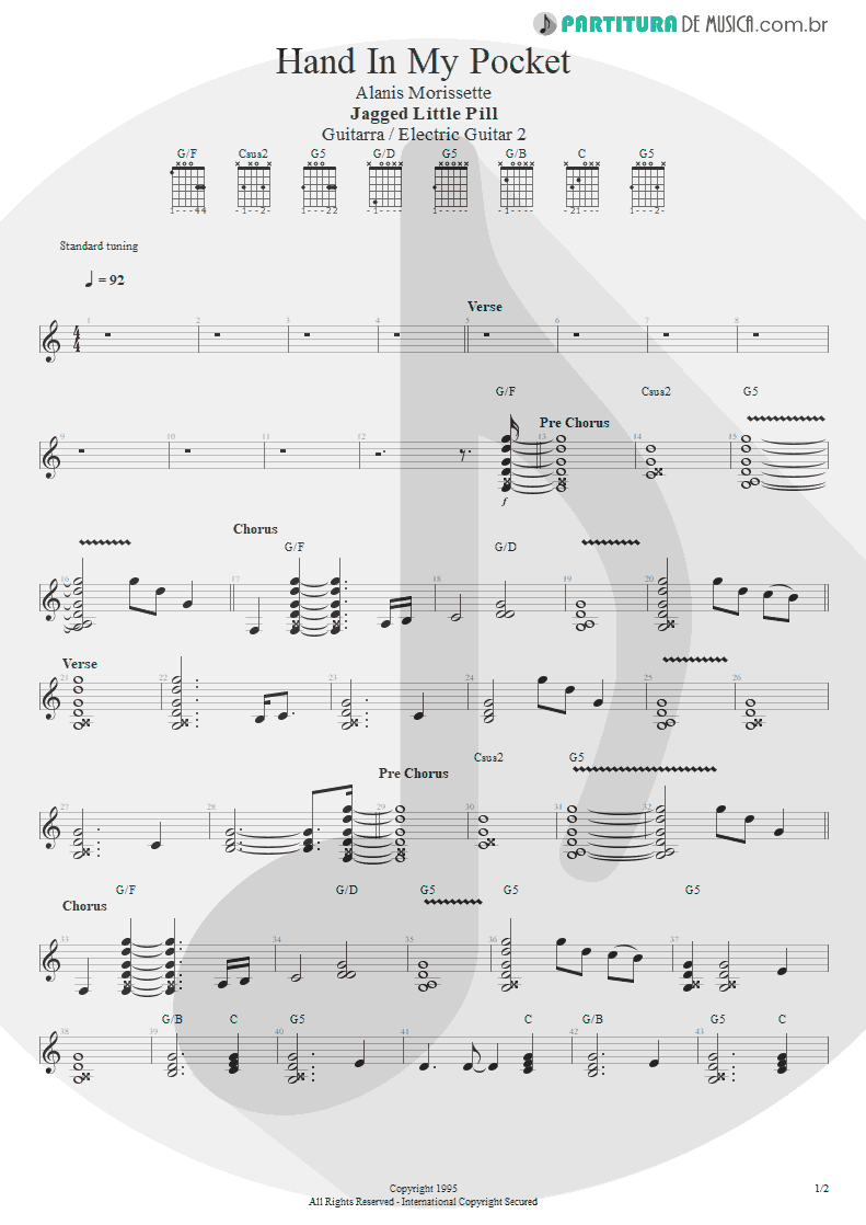 Partitura de musica de Guitarra Elétrica - Hand In My Pocket | Alanis Morissette | Jagged Little Pill 1995 - pag 1