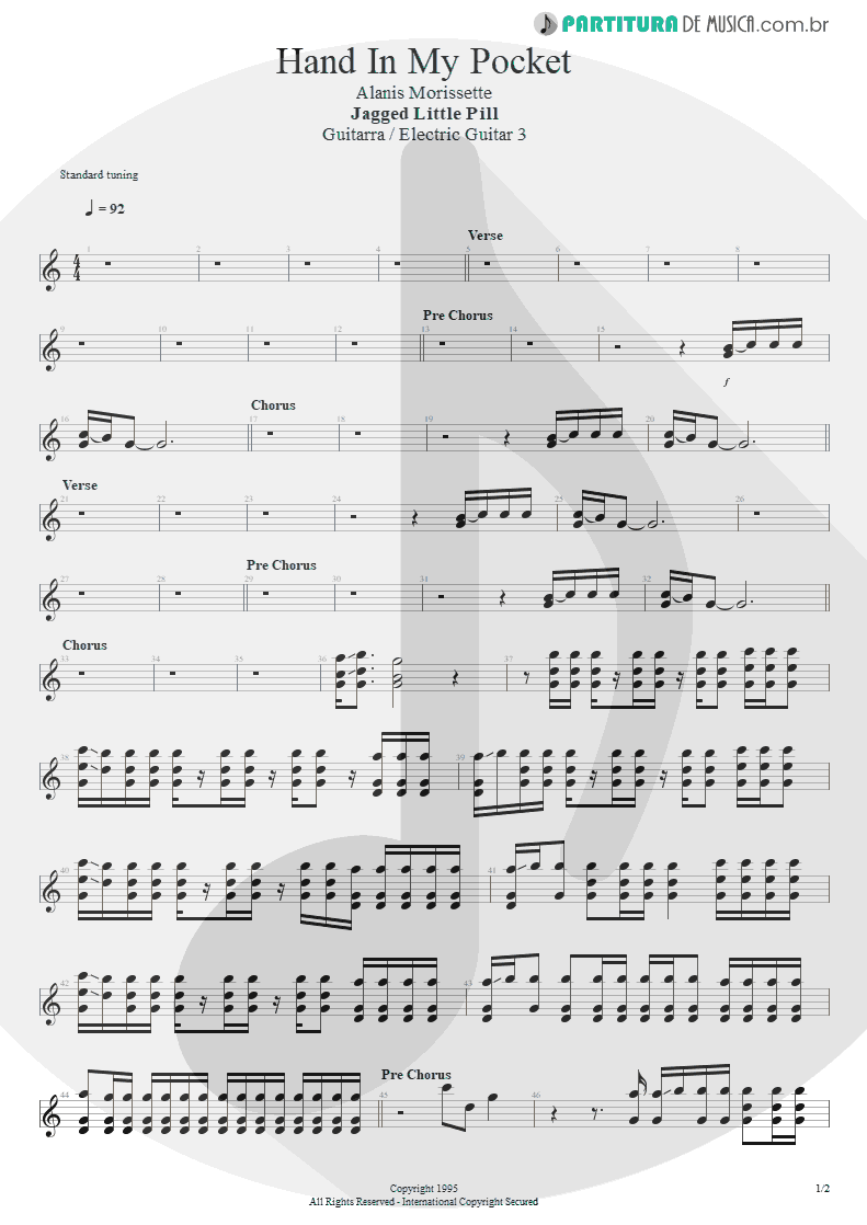 Partitura de musica de Guitarra Elétrica - Hand In My Pocket | Alanis Morissette | Jagged Little Pill 1995 - pag 1