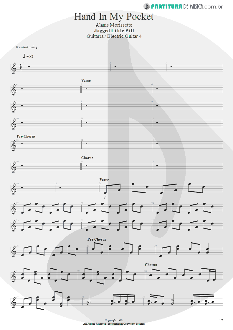 Partitura de musica de Guitarra Elétrica - Hand In My Pocket | Alanis Morissette | Jagged Little Pill 1995 - pag 1