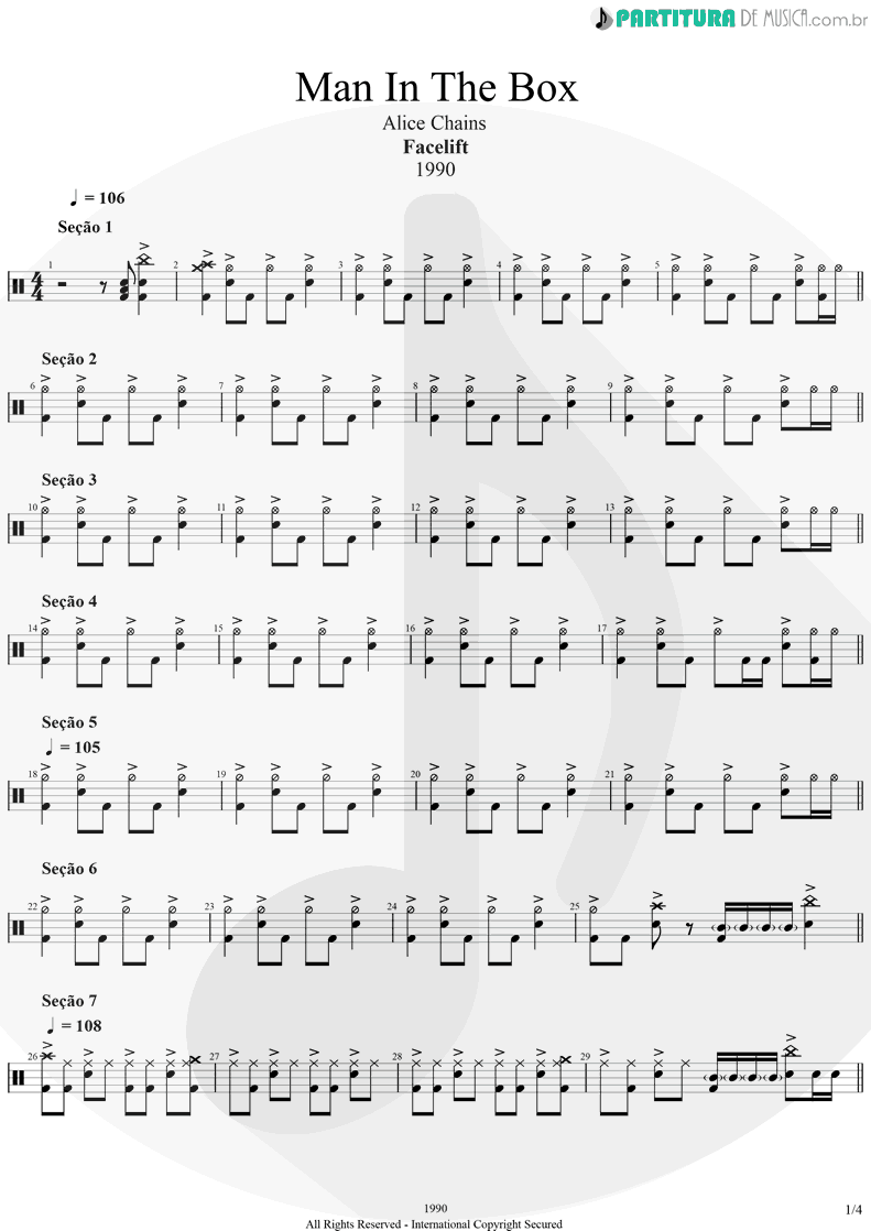 Partitura de musica de Bateria - Man In The Box | Alice in Chains | Facelift 1990 - pag 1