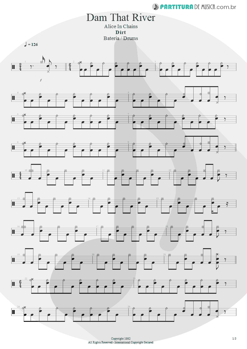 Partitura de musica de Bateria - Dam That River | Alice in Chains | Dirt 1992 - pag 1