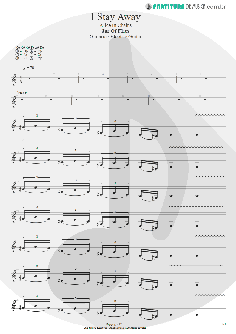 Partitura de musica de Guitarra Elétrica - I Stay Away | Alice in Chains | Jar of Flies 1994 - pag 1