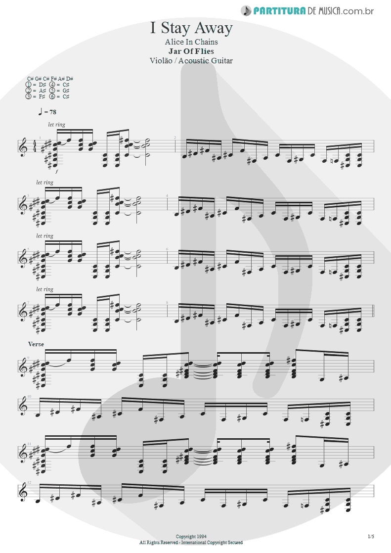 Partitura de musica de Violão - I Stay Away | Alice in Chains | Jar of Flies 1994 - pag 1