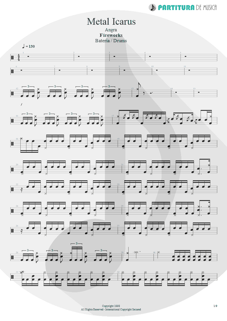 Partitura de musica de Bateria - Metal Icarus | Angra | Fireworks 1998 - pag 1