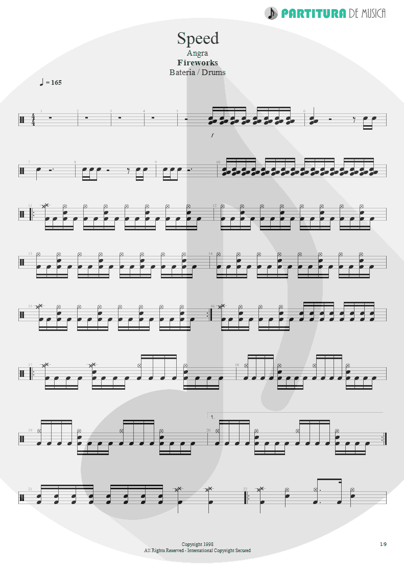 Partitura de musica de Bateria - Speed | Angra | Fireworks 1998 - pag 1
