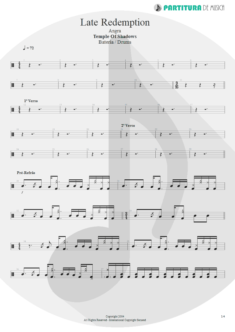 Partitura de musica de Bateria - Late Redemption | Angra | Temple of Shadows 2004 - pag 1