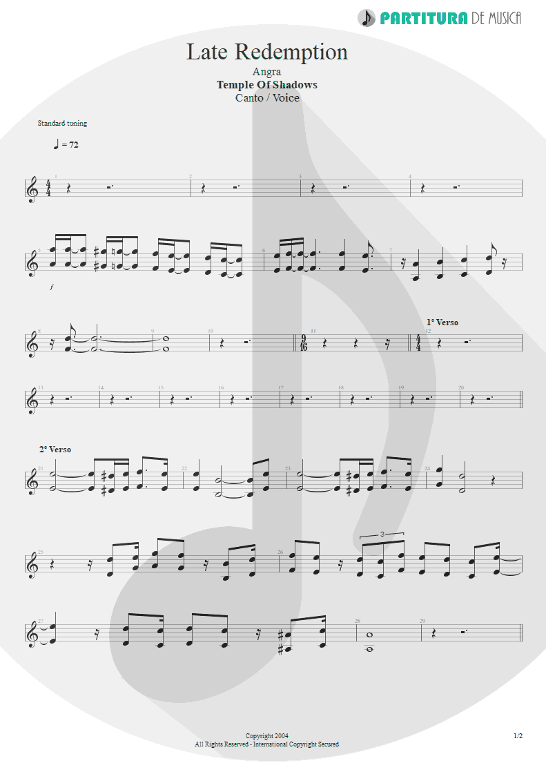 Partitura de musica de Canto - Late Redemption | Angra | Temple of Shadows 2004 - pag 1