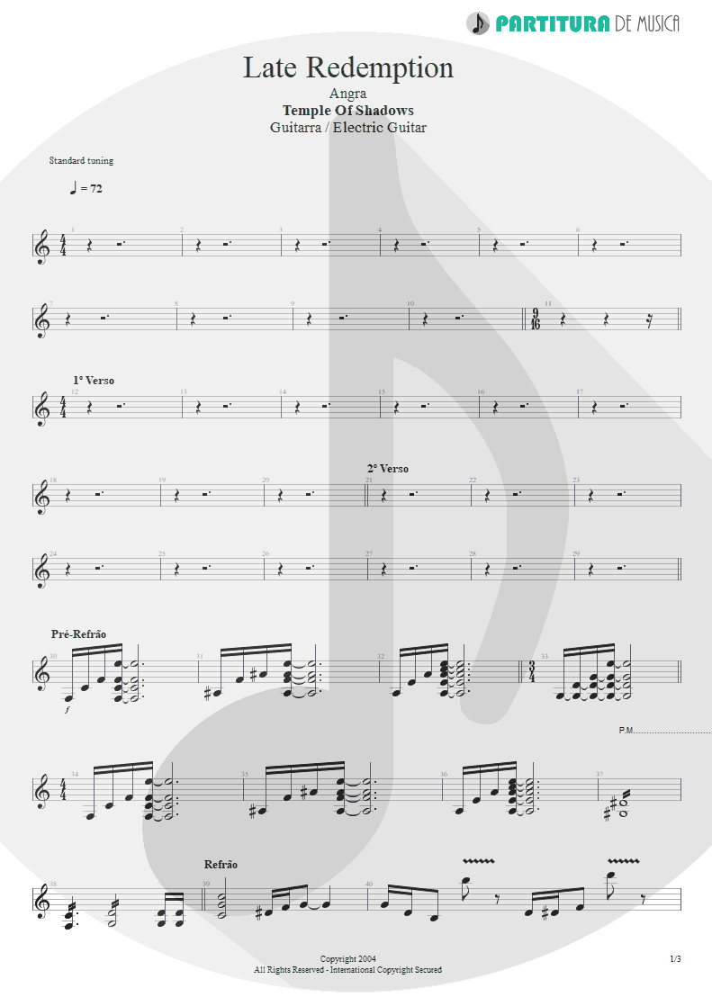 Partitura de musica de Guitarra Elétrica - Late Redemption | Angra | Temple of Shadows 2004 - pag 1