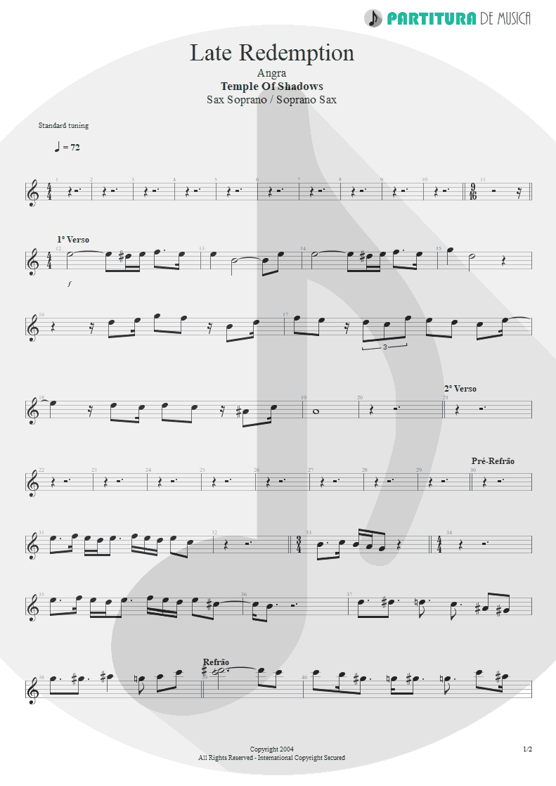 Partitura de musica de Saxofone Soprano - Late Redemption | Angra | Temple of Shadows 2004 - pag 1