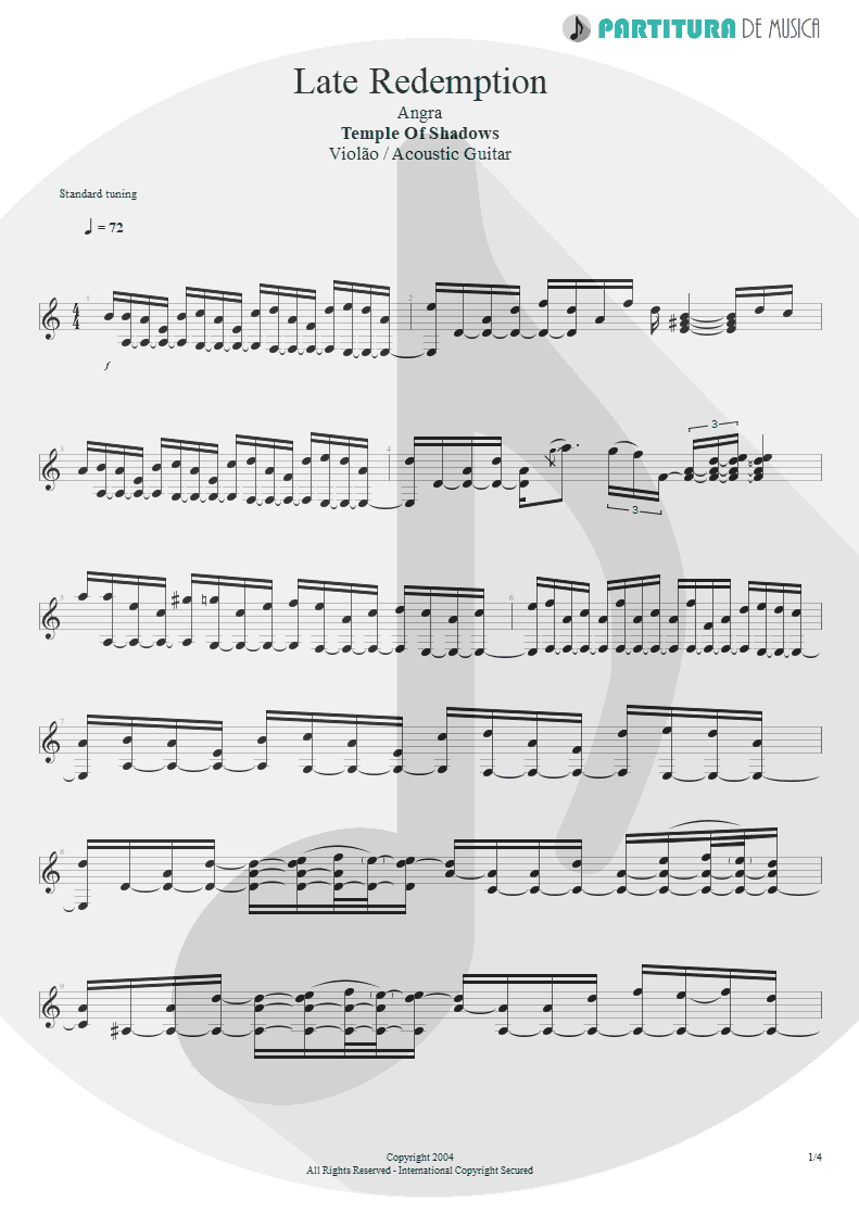 Partitura de musica de Violão - Late Redemption | Angra | Temple of Shadows 2004 - pag 1