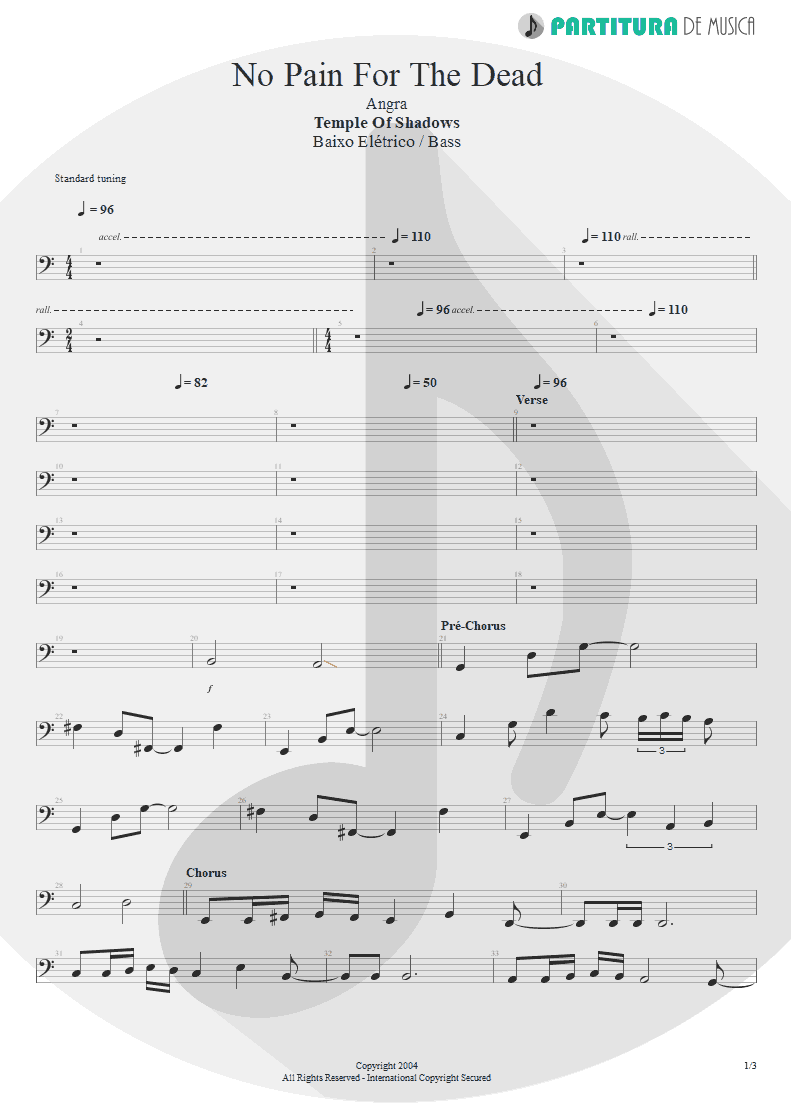 Partitura de musica de Baixo Elétrico - No Pain For The Dead | Angra | Temple of Shadows 2004 - pag 1