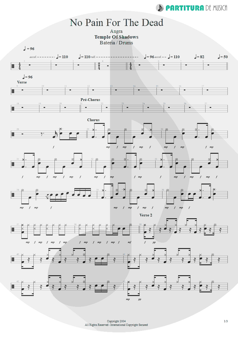 Partitura de musica de Bateria - No Pain For The Dead | Angra | Temple of Shadows 2004 - pag 1