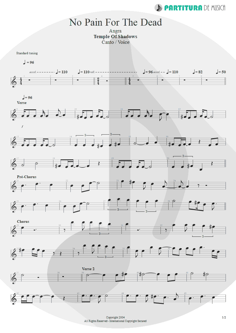 Partitura de musica de Canto - No Pain For The Dead | Angra | Temple of Shadows 2004 - pag 1